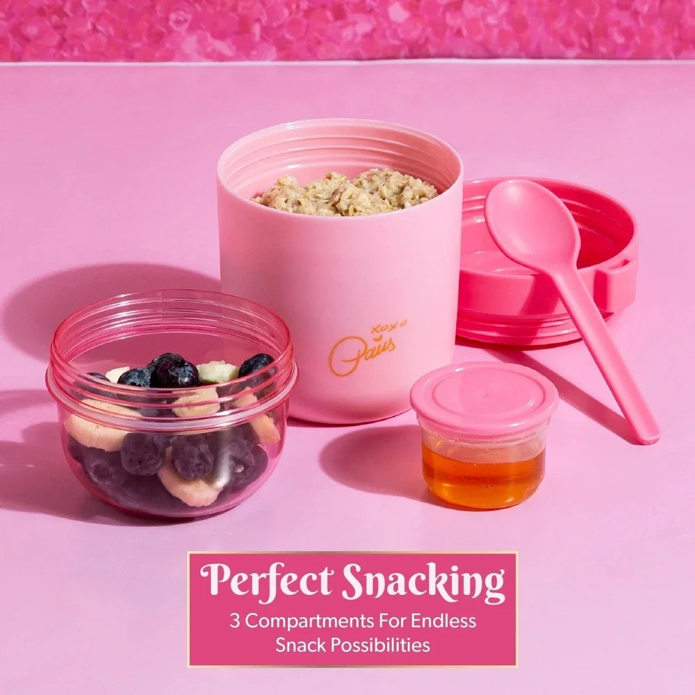 Paris Hilton Pink‎ Bow Snack Cup with Spoon – 3 Compartments, On-the-Go Lunch